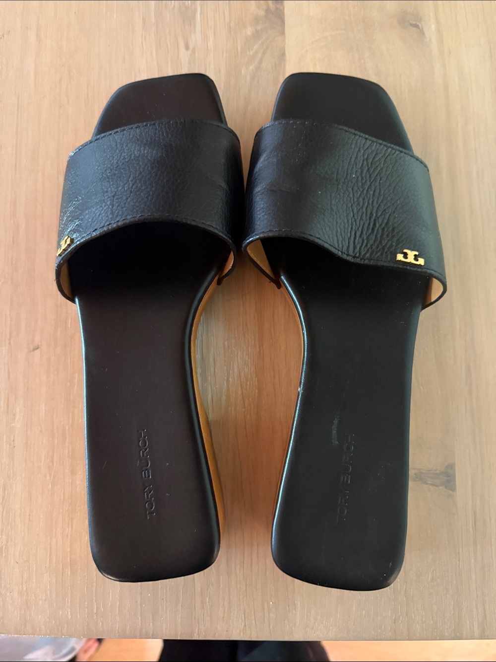 Tory Burch Black Leather Slide Mules with Gold Logo